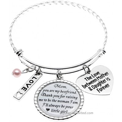Stainless Steel Mom Gifts from Daughter Bracelet The Love Between Mother & Daughter is Forever Mothers Day Jewelry Holiday Wedding Keepsake Glass Dome Bangle