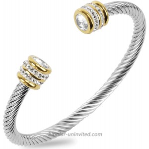 Winhime Birthstone Cable Bangle Bracelets for Women Stainless Steel Twisted Cable Wire Bracelet for Teen Girls Designer Inspired Cuff Bracelet in Two Tone Silver Gold Apr-Diamond