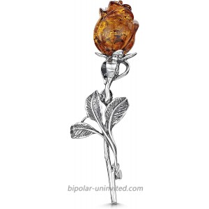 Amberta 925 Sterling Silver with Genuine Baltic Amber - Rose Brooch Pin for Women - Honey Stone Color