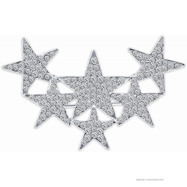 Bling Jewelry Large Big Statement Fashion Celestial Patriotic USA American Rock Star Sparkly Six Crystal Stars Scarf Brooch Pin for Women Teens Silver