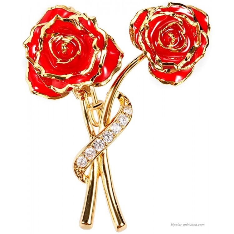 DEFAITH 24K Gold Plated Rose Brooches Pins Romantic Anniversary Birthday Gifts for Her Wife Mother Women - Red