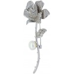 Newvision1981 Rose Flower Brooch Pins for Men Women Silver Leaf with Thorns Pearl Crystal Jewelry Breastpin Large