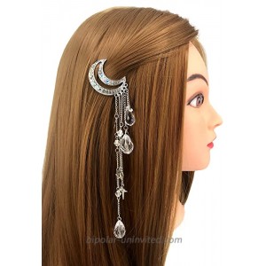 QTMY Moon Rhinestone Tassel with Crystal Beads Charms Hair Clip Pin Hair Chain Jewelry Hair Accessories Silver