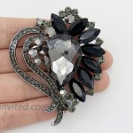 SELOVO Black Leaf Bouquet Scarf Brooch Pin Austrian Crystal Antiqued Silver Tone