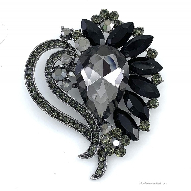 SELOVO Black Leaf Bouquet Scarf Brooch Pin Austrian Crystal Antiqued Silver Tone