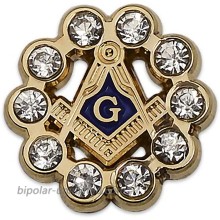 Square & Compass with Rhinestones Round Masonic Lapel Pin - [Gold & Blue][5 8'' Diameter]