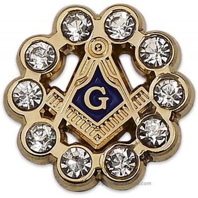 Square & Compass with Rhinestones Round Masonic Lapel Pin - [Gold & Blue][5 8'' Diameter]
