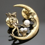 Vintage Golden Q&Q Fashion Antique Tribal Angel Fairy Feeding Moon Cresent Simulated - Pearl Baroque Lapel Brooch Pin
