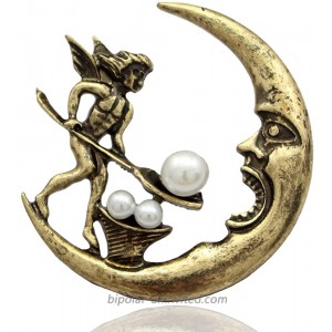 Vintage Golden Q&Q Fashion Antique Tribal Angel Fairy Feeding Moon Cresent Simulated - Pearl Baroque Lapel Brooch Pin