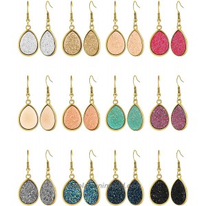 12 Pairs Faux Druzy Drop Earrings Crystal Pendant Dangle Earrings Multicolor Stainless Steel Earrings for Women Girls Teardrop Shape