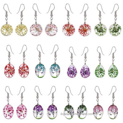 12 Pairs Multicolor Pressed Flower Dangle Earrings for Women-Life of Tree Drop Earrings for Grils- Womens Dangle Earrings Pack- Teen Girls Earrings Yellow Pink Purple Red Green Earring Set for Teens