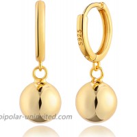 14K Gold Plated Huggie Hoop Earrings with Dainty Dangling Polished Ball Bead Charm 10mm Gold