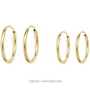 14k Gold Thin Continuous Endless Hoop Earrings Two Pair Set Popular Small Sizes 10mm and 12mm yellow-gold