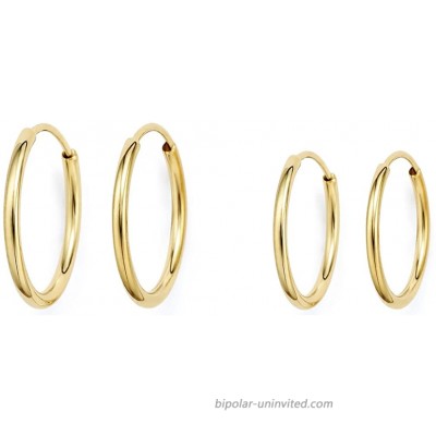 14k Gold Thin Continuous Endless Hoop Earrings Two Pair Set Popular Small Sizes 10mm and 12mm yellow-gold