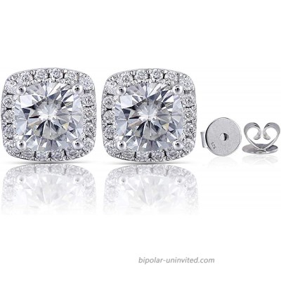 14K White Gold Post 2ct Center 6X6mm G-H-I color Cushion Cut Halo Created Moissanite Stud Earring Sterling Silver Push Back for Women