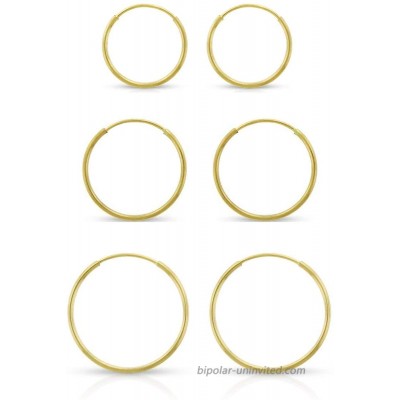 14K Yellow Gold Classic Shiny Polished Round Endless 10MM 12MM 14MM Hoop Earrings 1MM Tube - Set Of 3 Pairs Yellow Gold