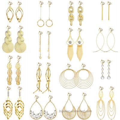16 Pairs Clip on Drop Dangle Earrings Set Bohemian Tassel Pendant Clip Earrings Gold Plated Ear Clips Non-Piercing Pendant Earrings for Women Dainty Styles