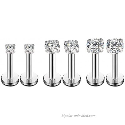 16g CZ Labret Cartilage Tragus Monroe Lip Nose Helix Studs Earrings Stainless Steel Cubic Zirconia Piercings Jewelry 2mm 3mm 4mm 3 Pairs Set