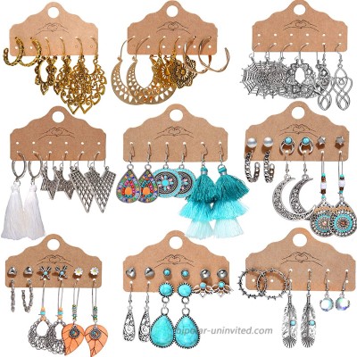 36 Pairs Fashion Vintage Earrings Set for Women Girls Bohemian Hollow Stud Drop Dangle Earrings with Tassel Hoop for Birthday Party Friendship Christmas Gifts