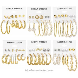 36 Pairs Gold Earrings Set for Women Girls Multipack Fashion Pearl Chain Link Hoop Drop Dangle Earrings Butterfly Stud Boho Statement Paperclip Earrings Gift for Birthday Party Christmas A-gold