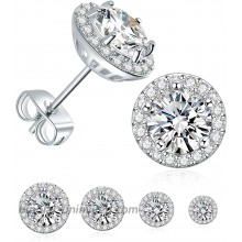 4 Pairs Stud Earrings Set 18K White Gold Plated Hypoallergenic Brilliant Round Halo Cubic Zirconia Earrings for Women Men 3-6mm