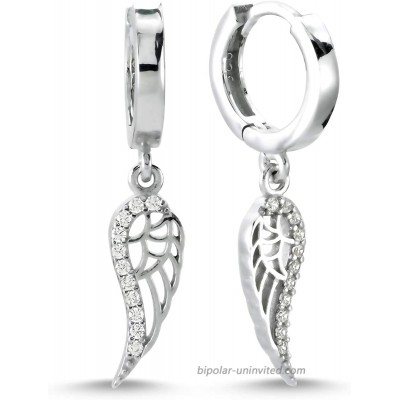 925 Sterling Silver Angel Wing Sterling Silver Earrings for Women Asthetic Jewellery Cubic Zirconia CZ Rhodium Plated Small Round Silver Earrings for Women Huggie Hoop Angel Earrings for Women