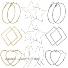 AIDSOTOU 10 Pairs Geometric Big Hoop Earrings 50mm-60mm Large Stainless Steel Square Star Heart Shaped Hoop Earrings for Women GirlsGold Silver