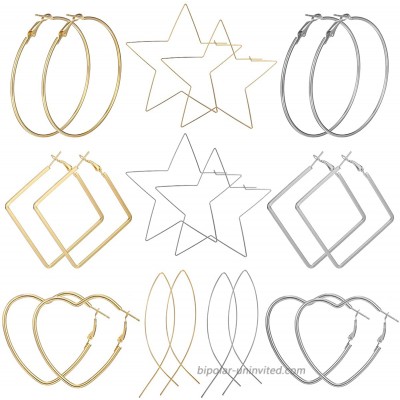 AIDSOTOU 10 Pairs Geometric Big Hoop Earrings 50mm-60mm Large Stainless Steel Square Star Heart Shaped Hoop Earrings for Women GirlsGold Silver