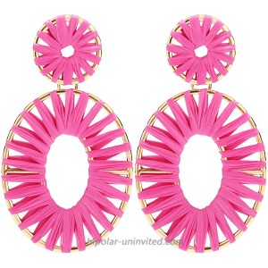 BaubleStar Kiera Raffia Tassel Fringe Rattan Hoop Drop Statement Earrings Hot Pink Tiered Thread Handmade Round Oval Cirle Dangle Fashion Jewelry for Women Girls
