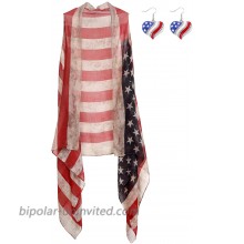 Cosweet 1 American Flag Open Kimono+1 Patriotics Heart Earring-Lightweight Kimono Cardigan Capes USA Flag Heart Dangle Drop Earrings for Women July 4th Independence Day Decoration
