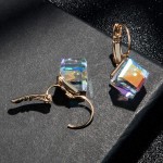 Cube Swarovski Crystal Drop Leverback Earrings for Women Fashion 14K Rose Gold Plated Hypoallergenic Jewelry Aurora Boreali