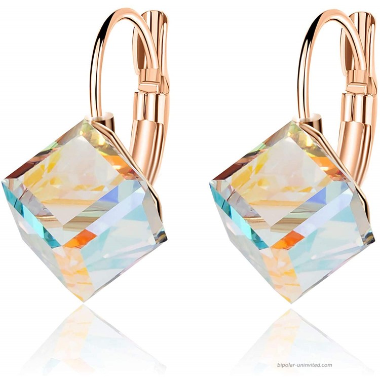 Cube Swarovski Crystal Drop Leverback Earrings for Women Fashion 14K Rose Gold Plated Hypoallergenic Jewelry Aurora Boreali