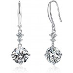 Drop Dangle Earrings 925 Sterling Silver Hook with 9MM 2.75ct CZ and 2pcs Small Cubic Zirconia Design 14K White Gold Plated Hypoallergenic Gorgeous Gift for Women and Girls White gold