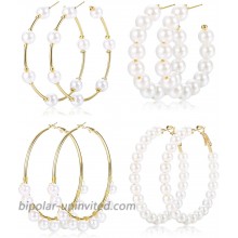 Florideco 4 Pairs 55-77MM Faux Pearl Huge Hoop Earrings for Women Lightweight Open Large Circle Round Beaded Earrings Brides Jewelry