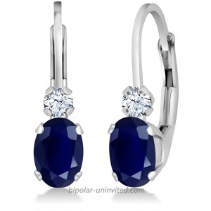 Gem Stone King 14K White Gold Blue Sapphire and White Created Sapphire 1.18 Ct Oval 3 4 Inch Earrings