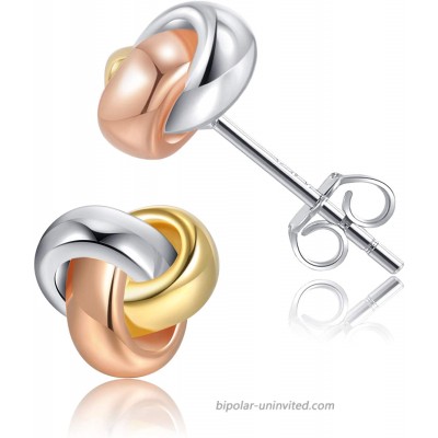 Love Knot Earrings 925 Sterling Silver Love Knot Post Earrings Tri-tone White Yellow and Rose Gold Twisted Love Knot Stud Earrings for Women