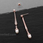Mariell Slender Rose Gold CZ Vintage Dangle Earrings with Freshwater Pearl Drops - Bridal Wedding Style