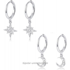 Milacolato 2 Pairs 925 Sterling Silver Moon Star Dangle Hoop Earring CZ Drop Huggie Cartilage Cute Earring Set for Women
