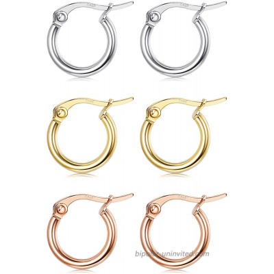 Milacolato 3Pairs 925 Sterling Silver Small Hoop Earrings Lightweight Clasp Round Hoop Cartilage Earrings Set for Women 8MM 10MM 12MM