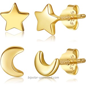 Moon Star Stud Earrings 18k Gold Plated Sterling Silver Crescent Moon Earrings for Women Dainty Night Sky Earrings