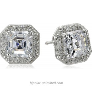 Platinum Plated Sterling Silver Halo Earrings set with Asscher Cut Swarovski Zirconia 1 cttw