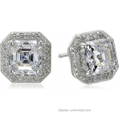 Platinum Plated Sterling Silver Halo Earrings set with Asscher Cut Swarovski Zirconia 1 cttw