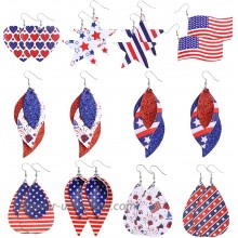 Sntieecr 10 Pairs Independence Day Leather Earrings American Flag Teardrop Dangle Earrings Lightweight Faux Leather Leaf Earrings for Women