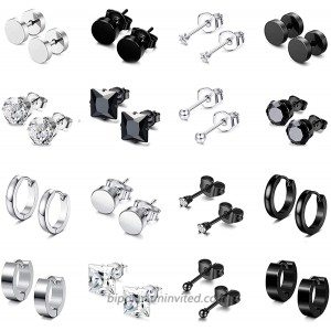 SPINEX 16 Pairs Earrings for Men Women Stainless Steel CZ Black Silver Stud Earrings Women Huggie Hoop Surgical Jewelry Earrings Set 16 pairs