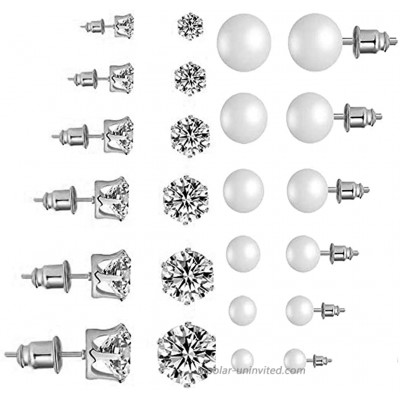SUNSCSC Women's Stainless Steel Round Clear Cubic Zirconia Pearl Stud Earrings for Girls Gift 12 Pairs White