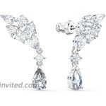 Swarovski Tennis Deluxe Women's Cluster Stud Pierced Earrings with Dangling Gray Crystal Drop Accents and White Crystals in a Rhodium Plated Setting