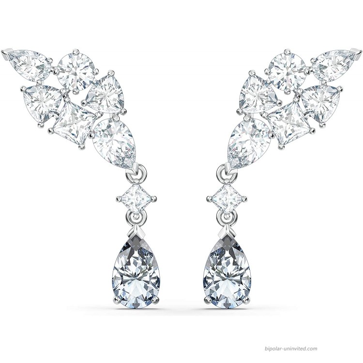 Swarovski Tennis Deluxe Women's Cluster Stud Pierced Earrings with Dangling Gray Crystal Drop Accents and White Crystals in a Rhodium Plated Setting