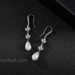 SWEETV Pearl Drop Earrings for Wedding Bridal -Marquise Teardrop Cubic Zirconia Dangle Earrings for Women Bridesmaids Brides 01.Silver