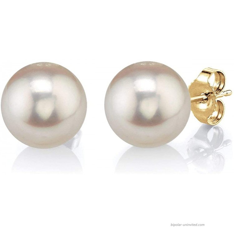 THE PEARL SOURCE 14K Gold 9-10mm Round White Freshwater Cultured Pearl Stud Earrings for Women