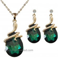 14K Gold Plated Drop Crystal Zircon Green Snake Pendant Necklace and Earring Jewelry Set